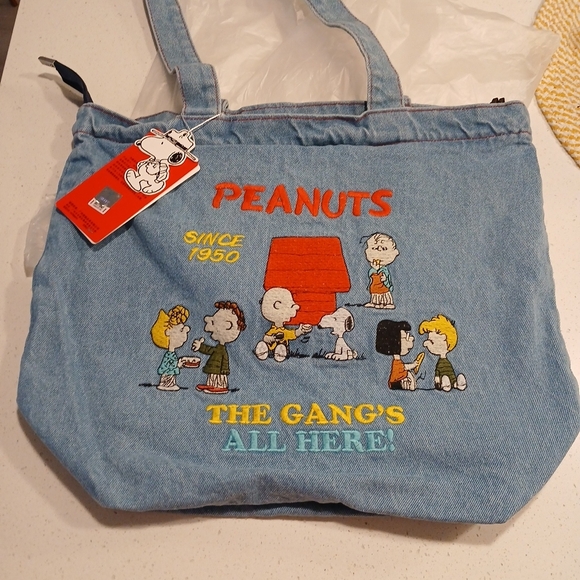 Peanuts Denim Tote Bag with Embroidered Characters - Light Blue - Picture 9 of 13